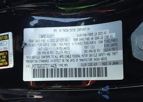 2007 Mazda Cx-9 Touring from USA, damaged, VIN JM3TB28C970114405